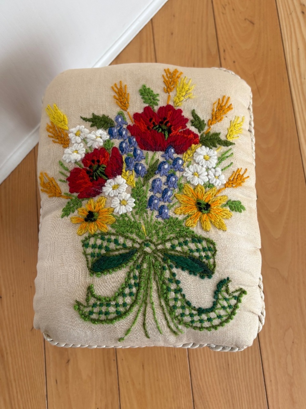 Vintage Hand Embroidered Footstool Cottagecore Needlepoint Wooden Cricket Stool